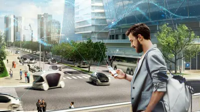 Man connecting to an autonomous car through a mobile phone.
